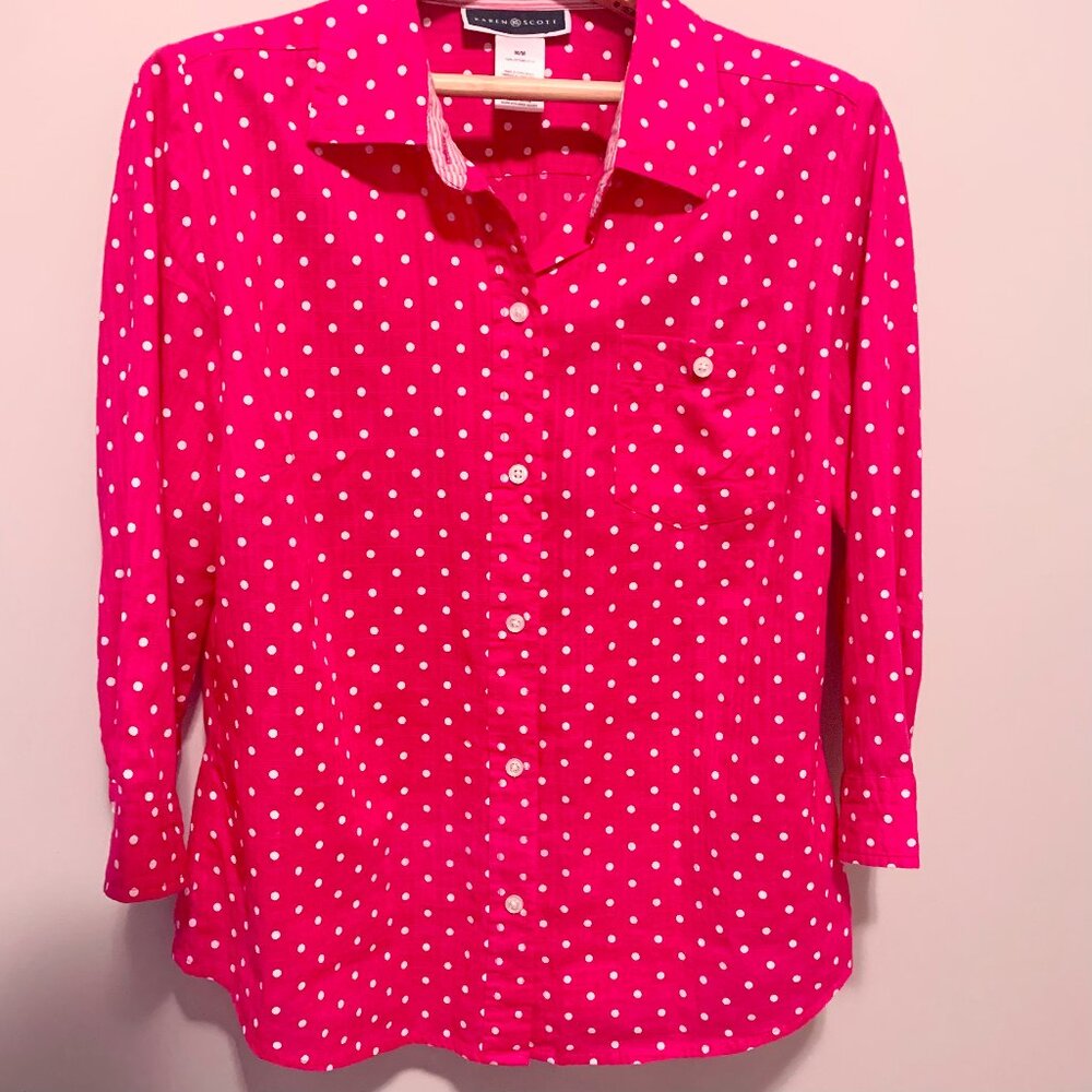 Karen Scott button polka dot collared blouse